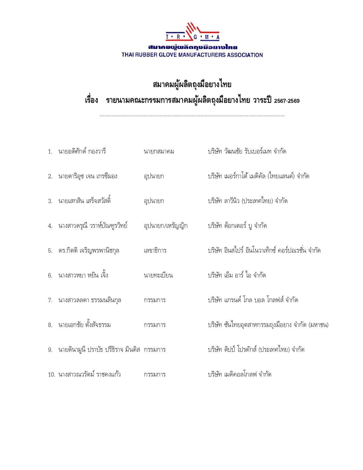 รายนามคณะกรรมการสมาคมผู้ผลิตถุงมือยางไทย วาระปี 2567-2569